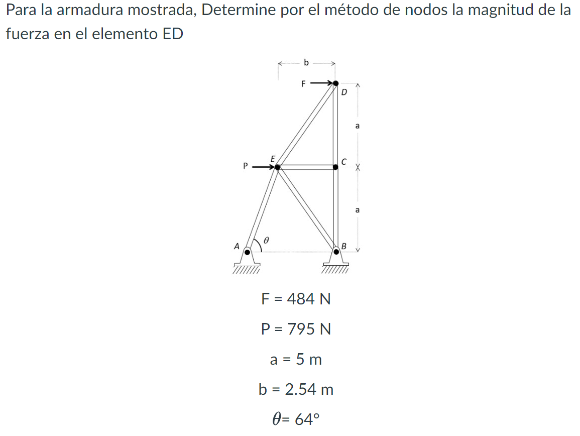 Para la armadura mostrada, Determine por el método de nodos la magnitud de la fuerza en el elemento ED \[ \begin{array}{c} \m