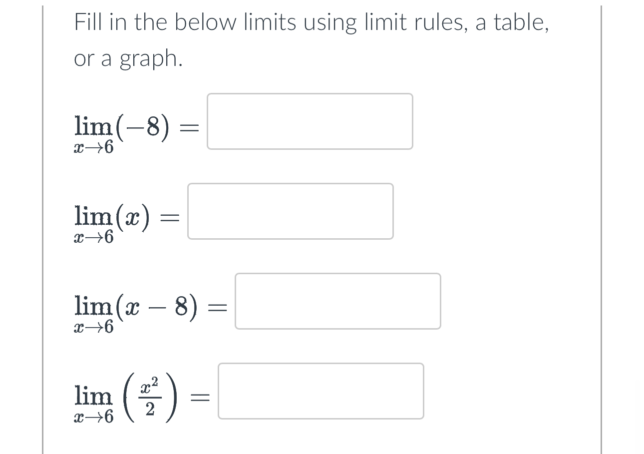 Solved Fill in the below limits using limit rules, a table, | Chegg.com