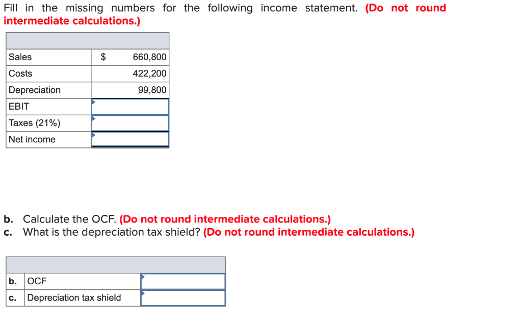 Solved Fill In The Missing Numbers For The Following Income | Chegg.com