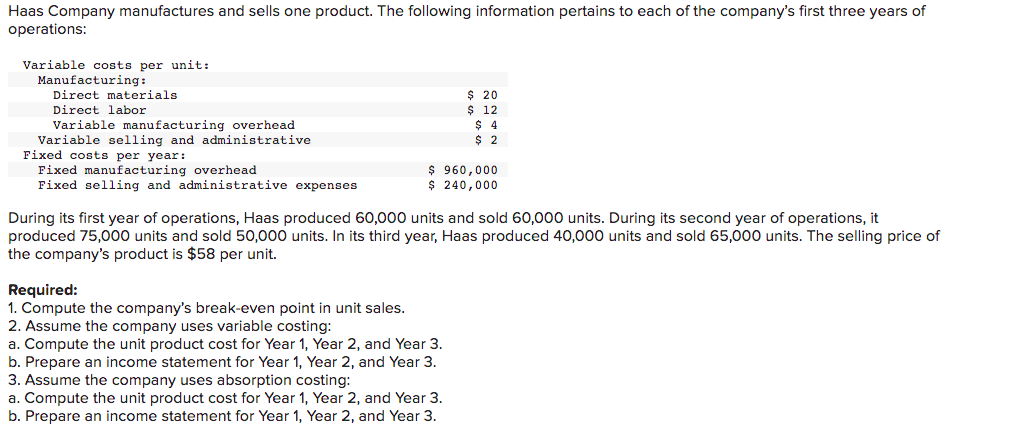 Solved Haas Company manufactures and sells one product. The | Chegg.com