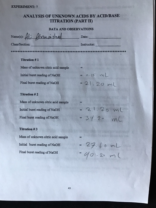 Solved EXPERIMENT7 ANALYSIS OF UNKNOWN ACIDS BY ACID/BASE