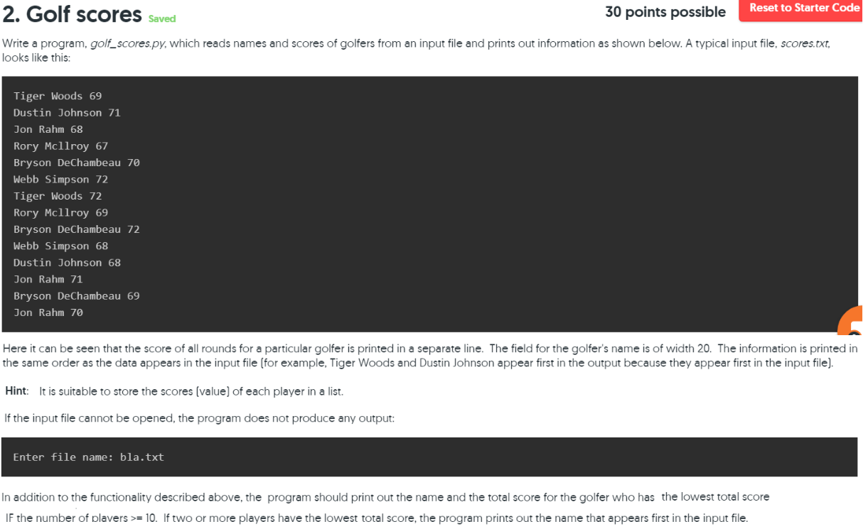 Solved 2. Golf scores saved 30 points possible Reset to | Chegg.com