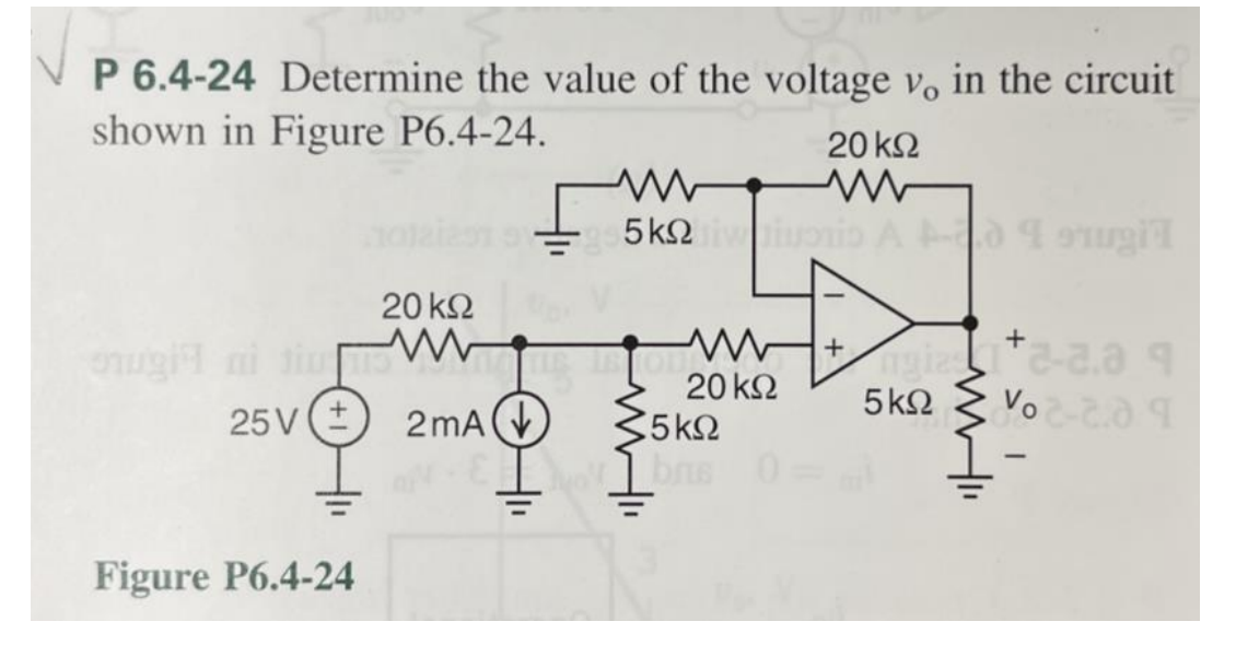 P 6.4-24 Determine the value of the voltage \( v_{\mathrm{o}} \) in the circuit shown in Figure P6.4-24. onkn
Figure P6.4-24