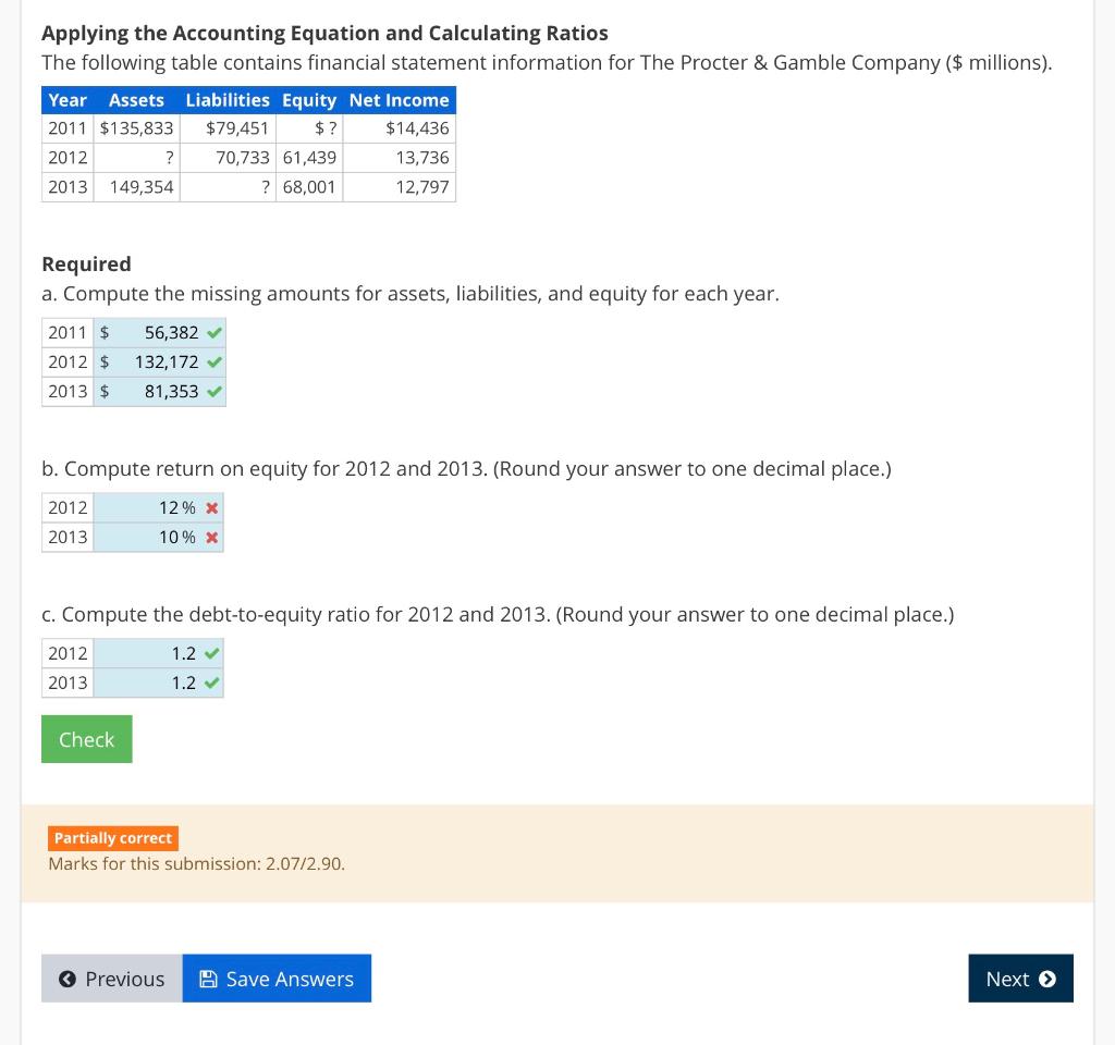 Applying the Accounting Equation and Calculating Ratios
The following table contains financial statement information for The 