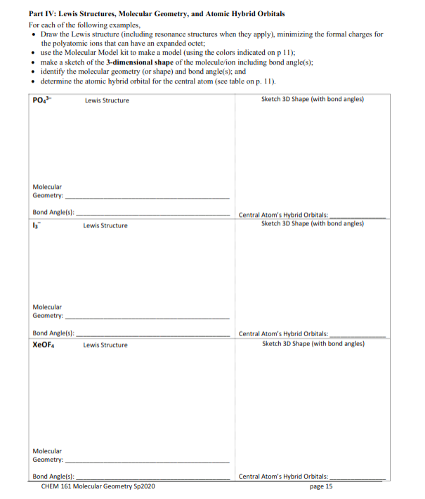 Solved Part IV: Lewis Structures, Molecular Geometry, and | Chegg.com