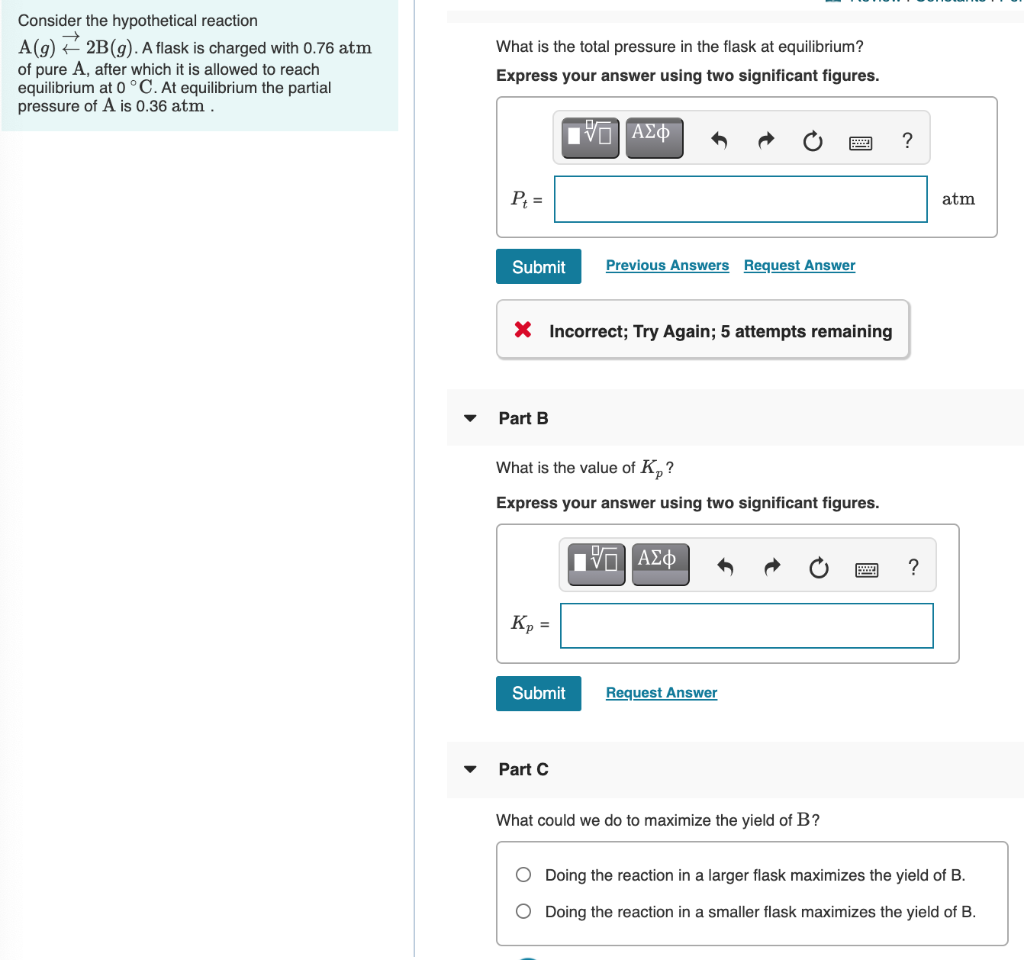 Solved Consider the hypothetical reaction A(g) # 2B(). A | Chegg.com
