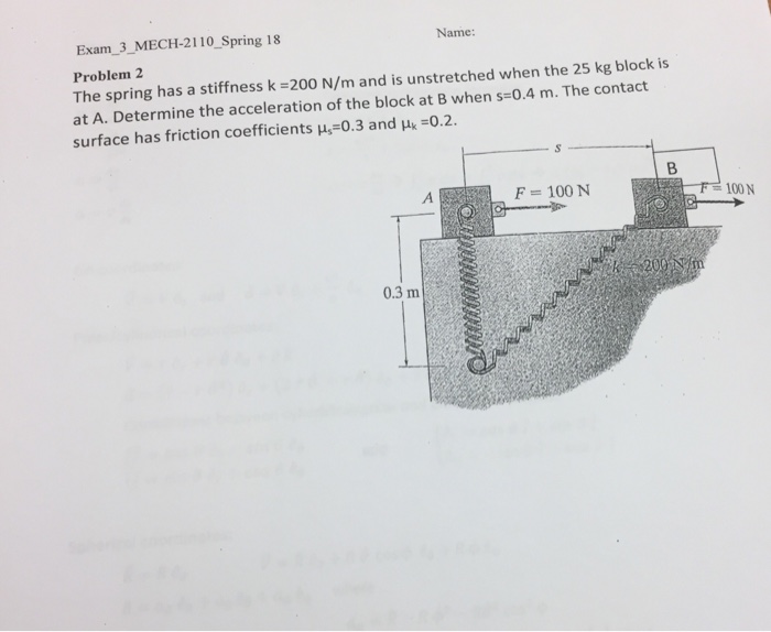 Solved Exam 3 MECH-2110 Spring 18 Problem2 Name: The spring | Chegg.com