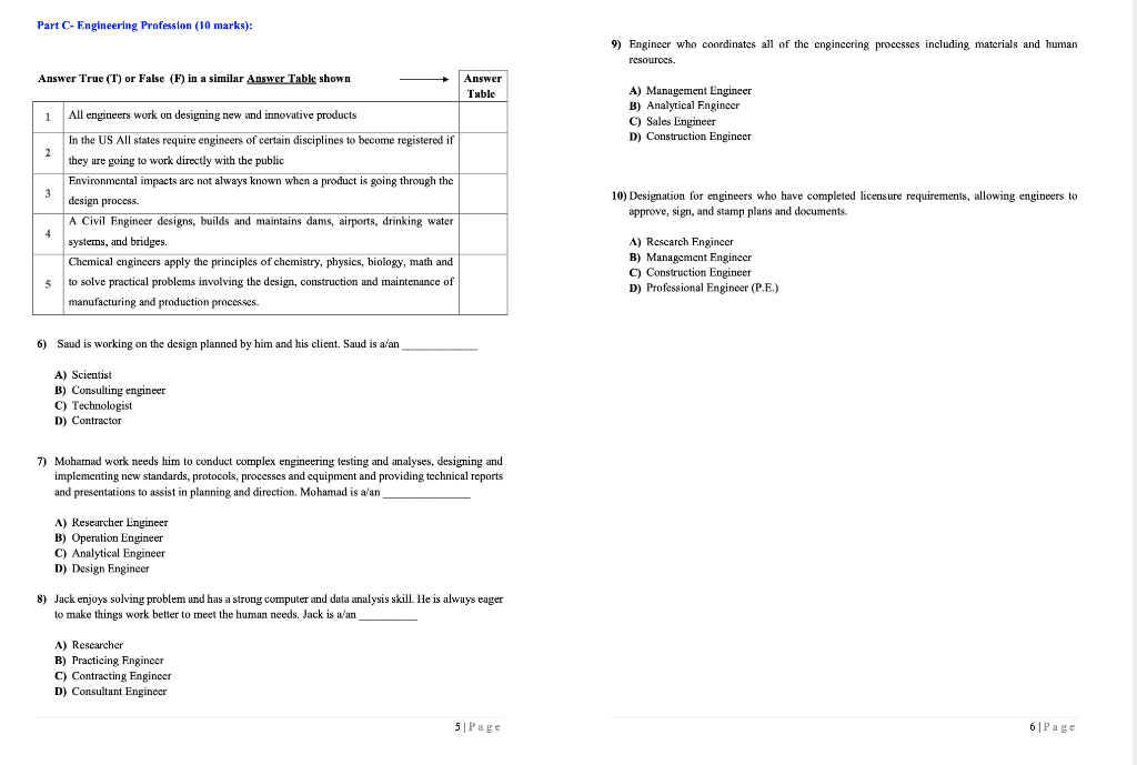 Solved Part C-Engineering Profession (10 marks): 9) Engineer | Chegg.com