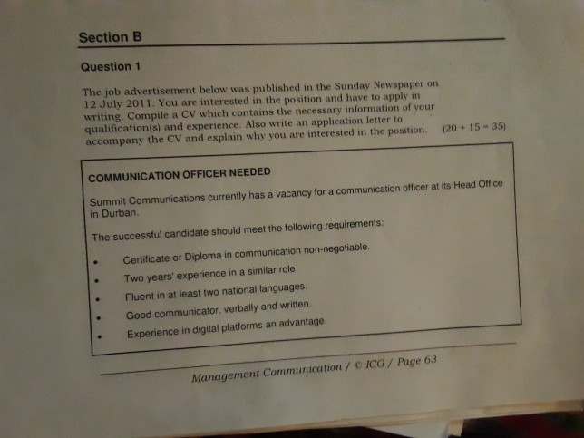 Solved Section B Question 1 The Job Advertisement Below Was | Chegg.com