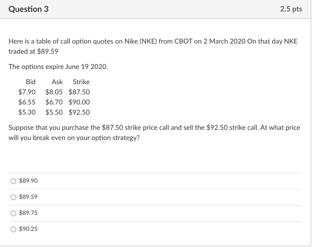 Question 3 2.5 pts Here is a table of call option | Chegg.com
