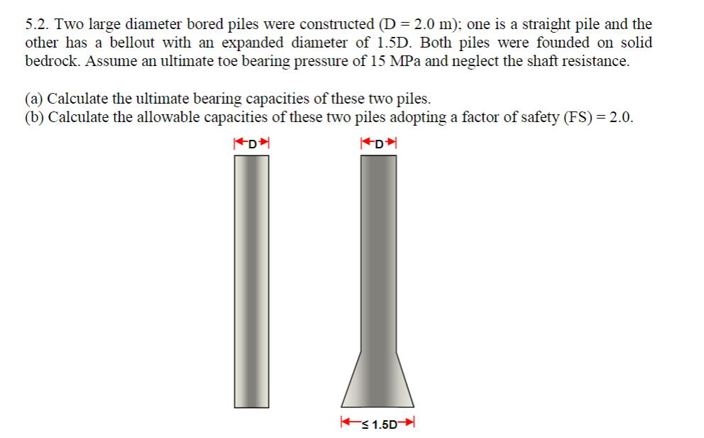 Solved 5.2. Two large diameter bored piles were constructed | Chegg.com