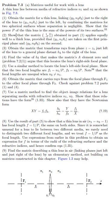 Solved Problem 7.3 (a) Mstrices useful for work with a lens | Chegg.com