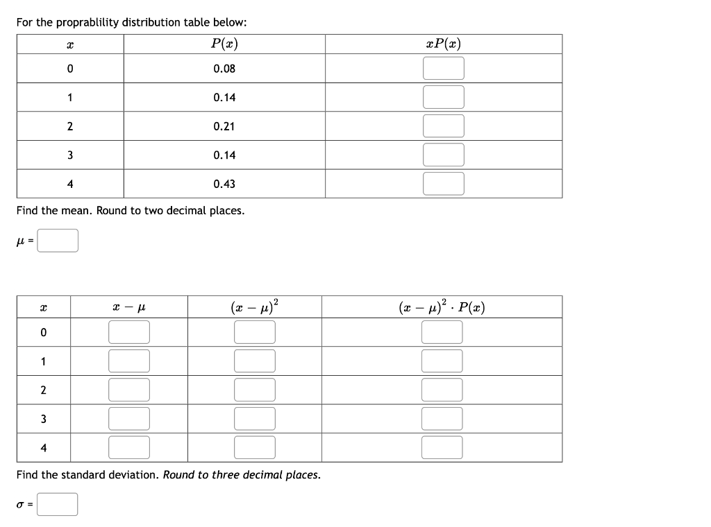 Solved For the proprablility distribution table below: Find | Chegg.com