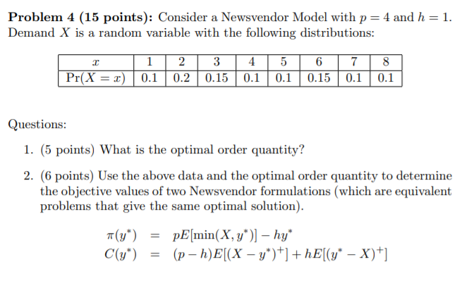 Problem 4 (15 points): Consider a Newsvendor Model | Chegg.com