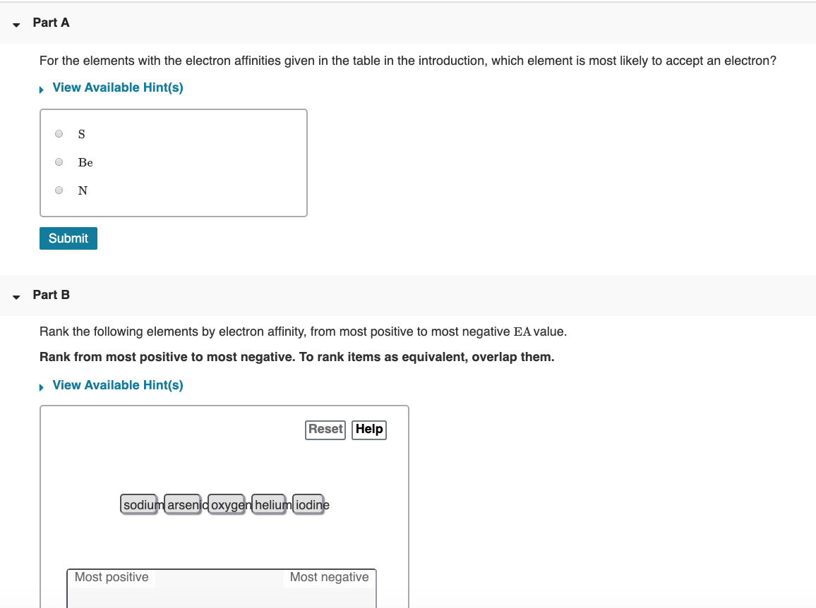 Solved Part A For the elements with the electron