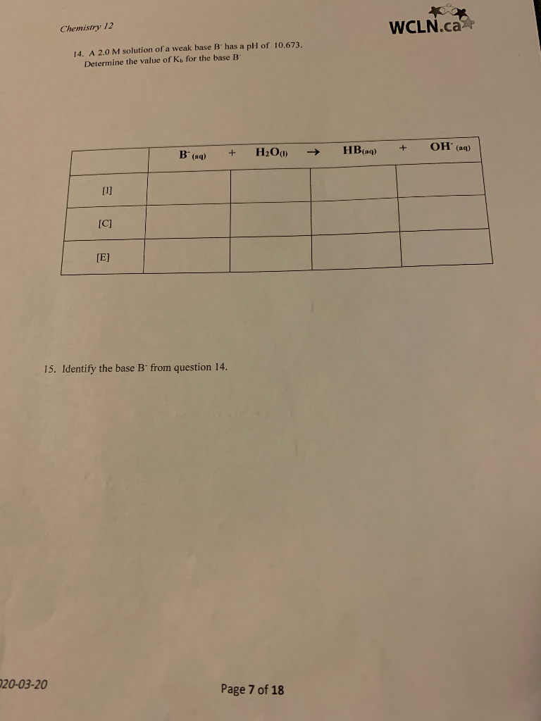 Solved Chemistry 12 WCLN.ca 14. A 2.0 M Solution Of A Weak | Chegg.com
