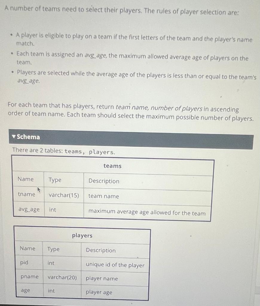 A number of teams need to select their players. The rules of player selection are:
- A player is eligible to play on a team i