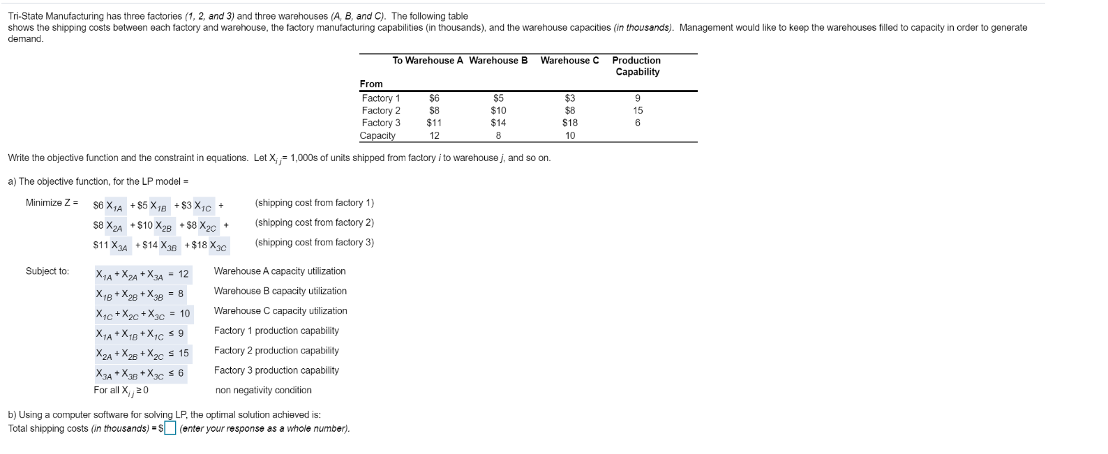 Solved TriState Manufacturing has three factories (1, 2,