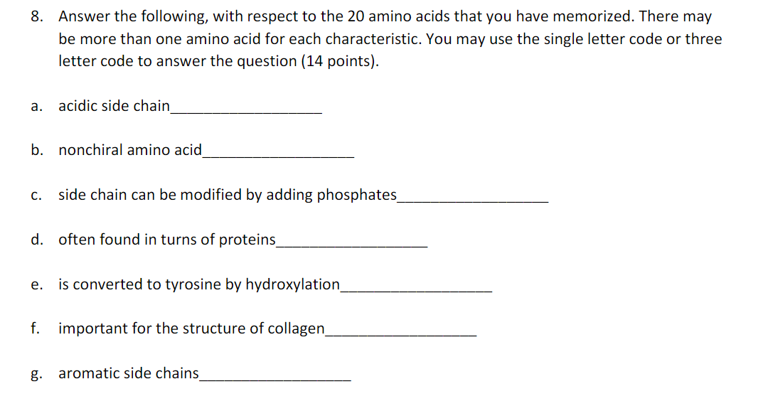 Solved 8. Answer the following, with respect to the 20 amino | Chegg.com