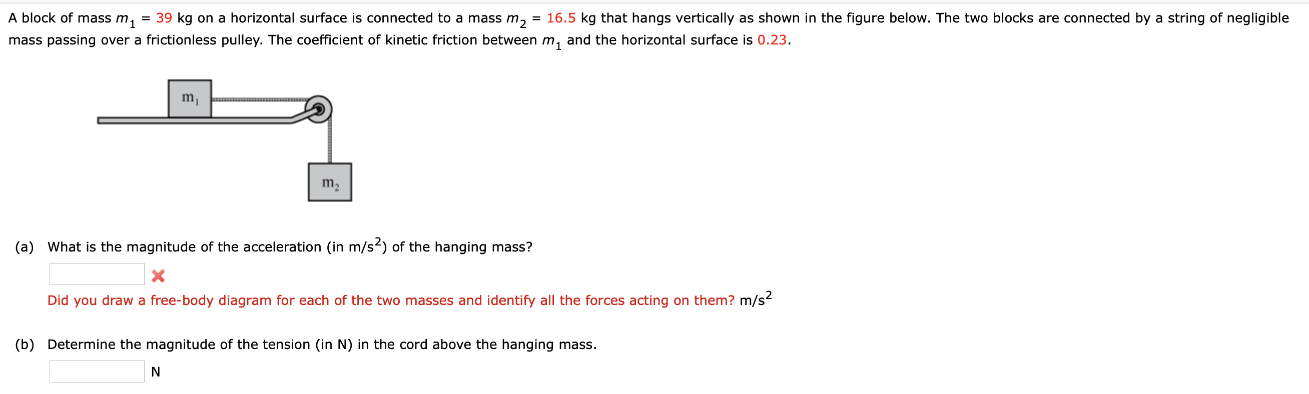 Solved A block of mass m1 = 39 kg on a horizontal surface is | Chegg.com