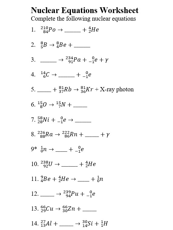 Nuclear Decay Equations Practice Worksheet Answers