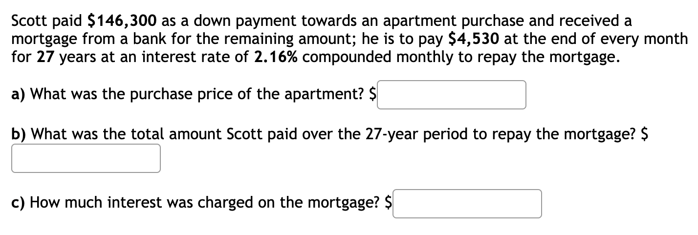 How much down on sale payment for apartment