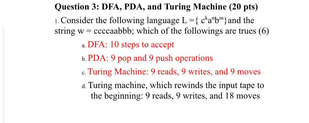 Question 3: DFA, PDA, and Turing Machine (20 pts) 1. | Chegg.com