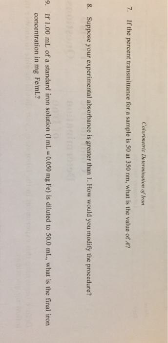 Solved Colorimetric Determination of Iron 7. If the percent | Chegg.com