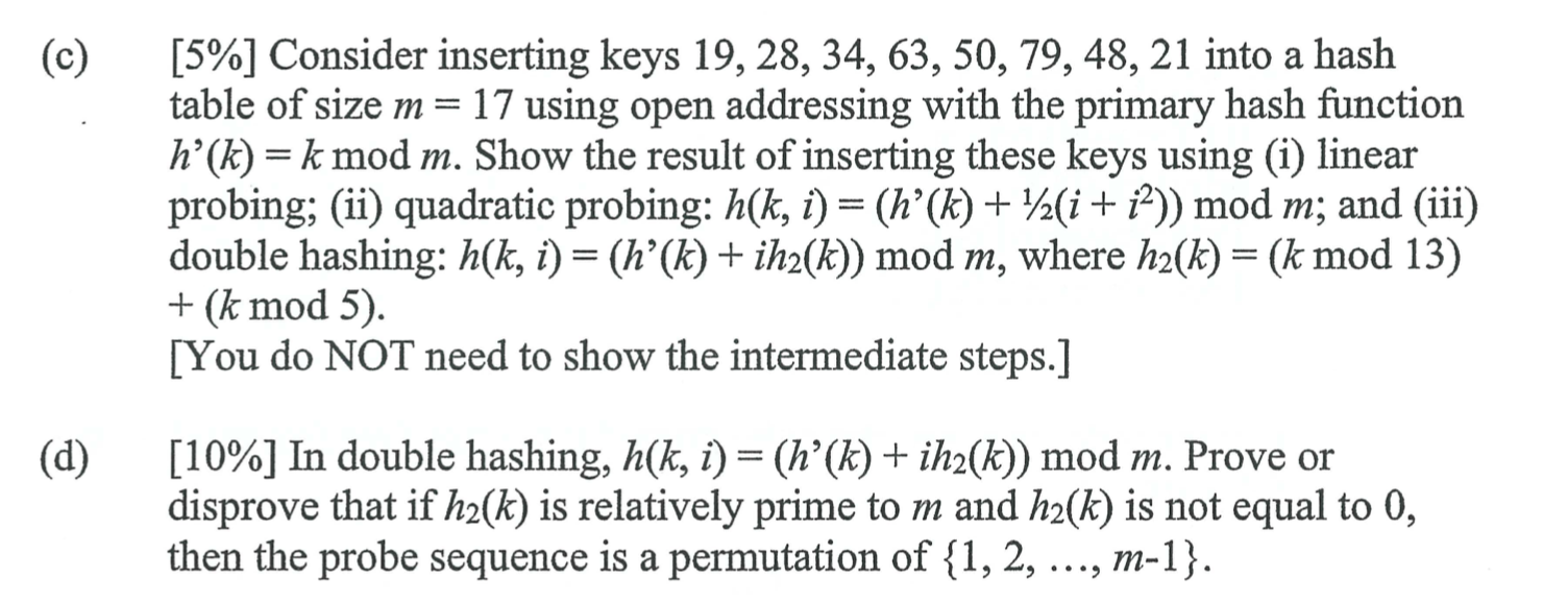 Solved (c) [5%] Consider inserting keys 19, 28, 34, 63, 50, | Chegg.com