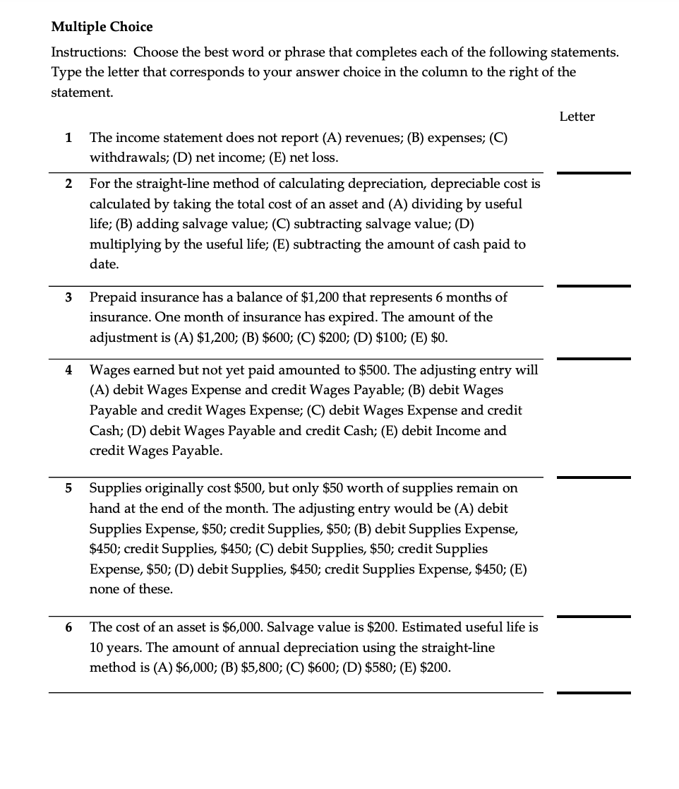 Solved Acct 110 Chapter 5 Homework Handout 1 True/False | Chegg.com