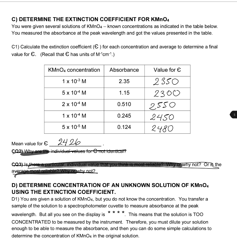 Solved C) DETERMINE THE EXTINCTION COEFFICIENT FOR KMnO4 You