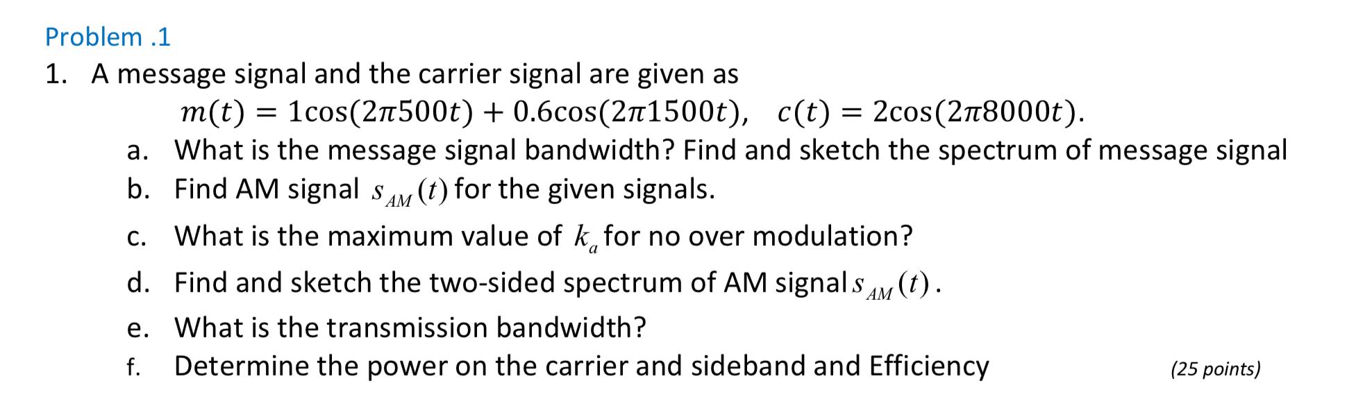 Solved = Problem .1 1. A message signal and the carrier | Chegg.com