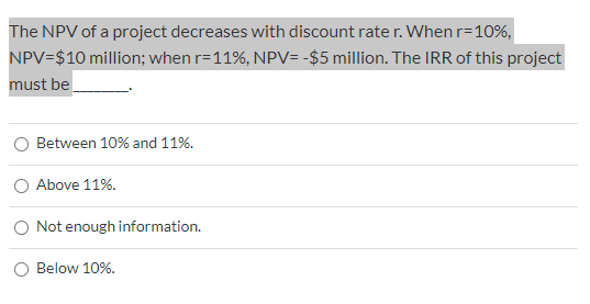 Solved The NPV of a project decreases with discount rater. | Chegg.com