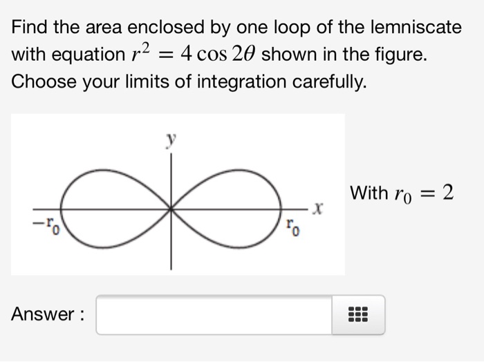 Solved Find the area enclosed by one loop of the lemniscate
