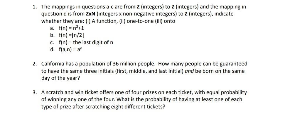 Solved 1. The mappings in questions a-c are from Z | Chegg.com