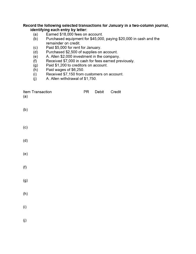 Solved Record the following selected transactions for | Chegg.com