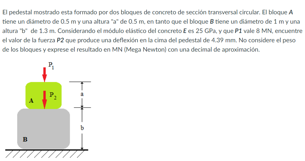 El pedestal mostrado esta formado por dos bloques de concreto de sección transversal circular. El bloque \( \boldsymbol{A} \)