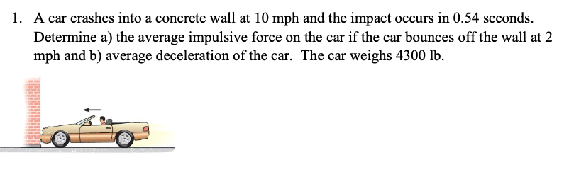 Solved 1. A car crashes into a concrete wall at 10 mph and | Chegg.com