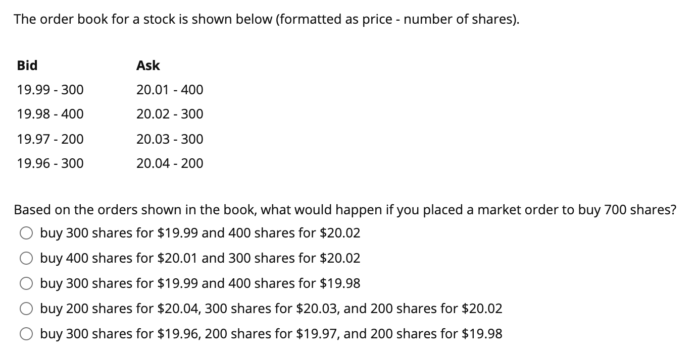 Solved The order book for a stock is shown below (formatted | Chegg.com