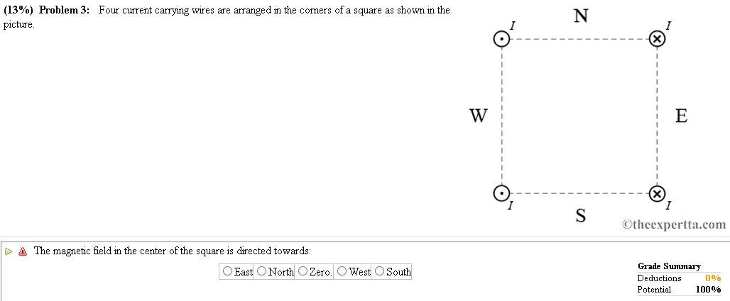 (13\%) Problem 3: Four current carrying wires are arranged in the corners of a square as shown in the picture. A The magnetic