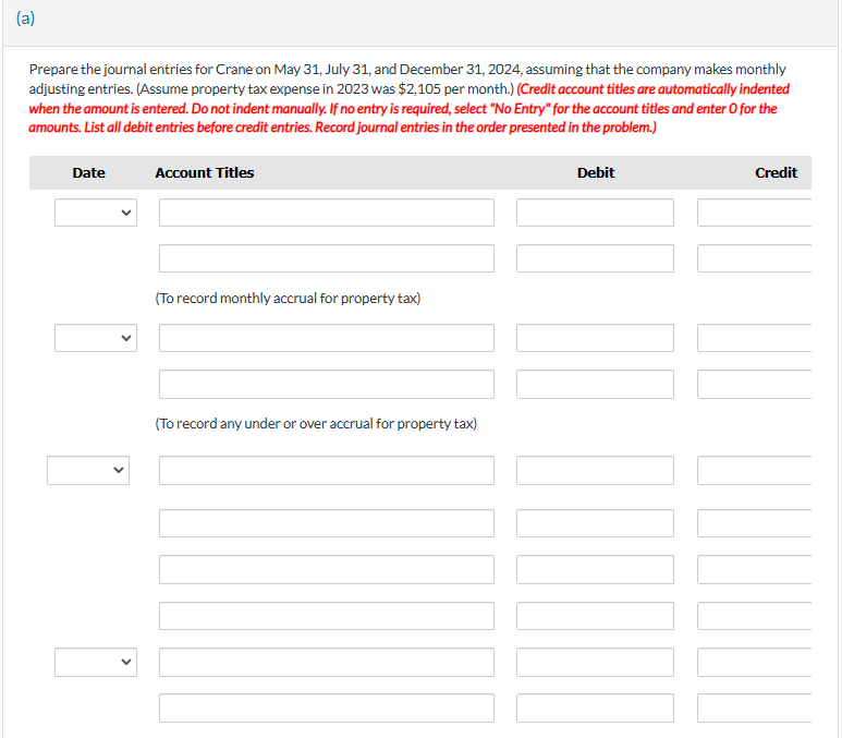 Solved Crane Company receives its annual property tax bill | Chegg.com