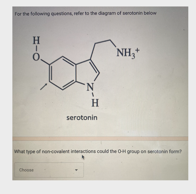 For the following questions, refer to the diagram of serotonin below
What type of non-covalent interactions could the \( \mat