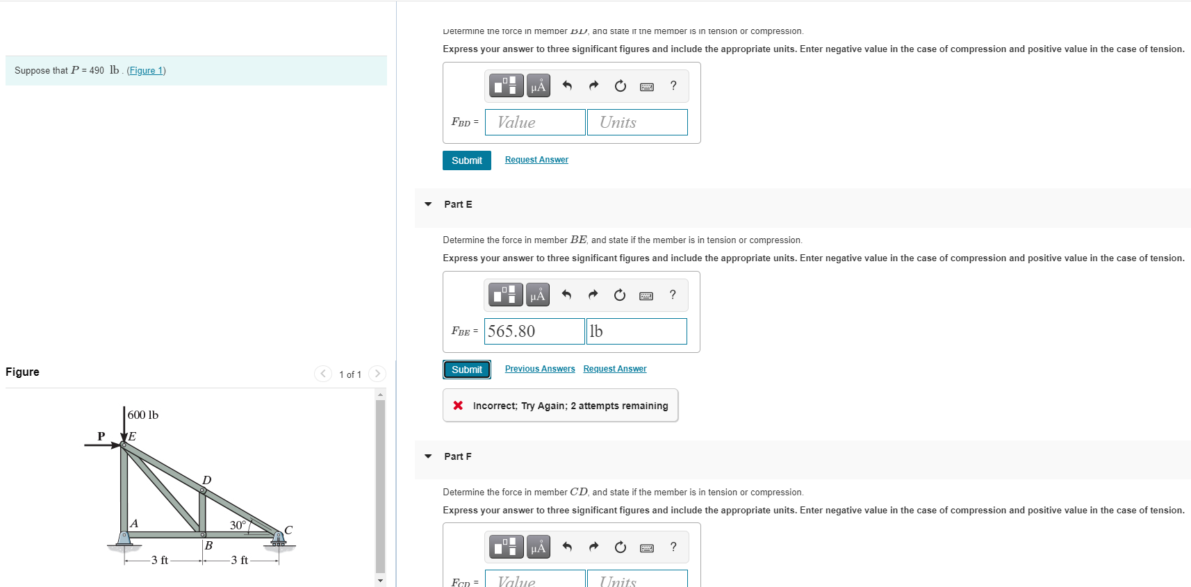 Solved Determine the force in member AB, and state if the | Chegg.com
