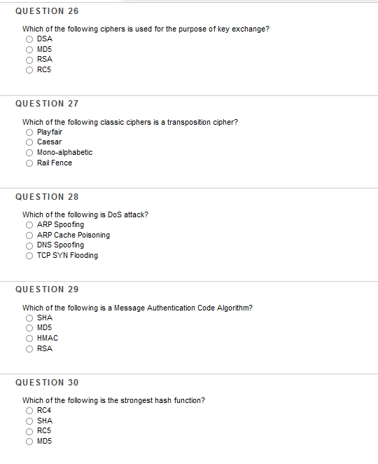 Solved QUESTION 26 Which of the following ciphers is used | Chegg.com
