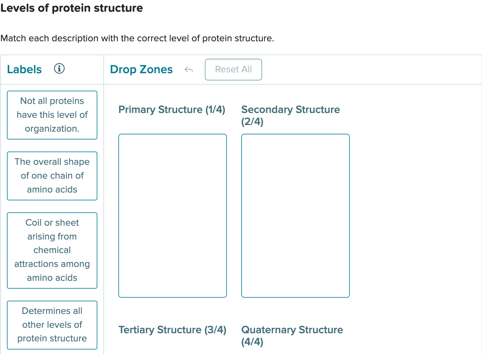 Solved Levels of protein structure Match each description