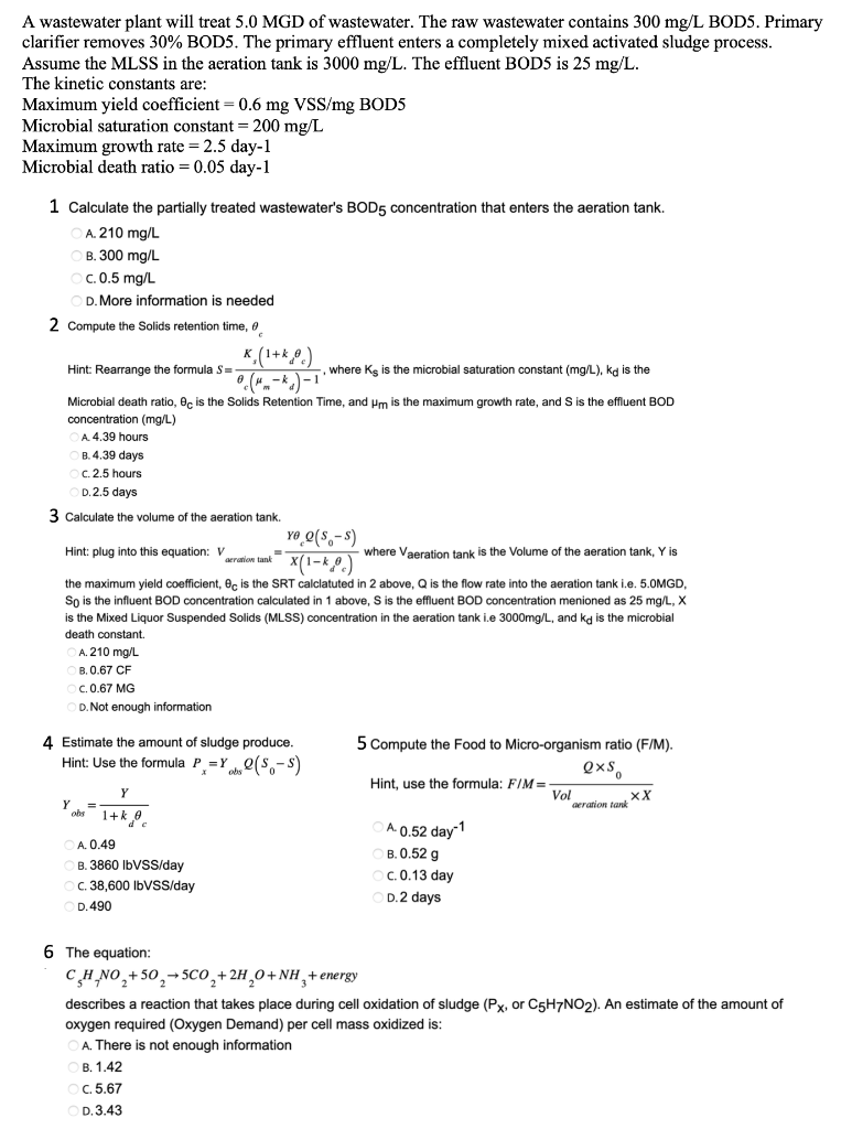Solved A Wastewater Plant Will Treat 5.0MGD Of Wastewater. | Chegg.com
