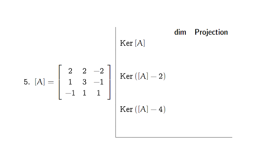 Solved dim Projection Ker [A] Ker ([A] – 2) 1 2 5. [A] = | 1 | Chegg.com