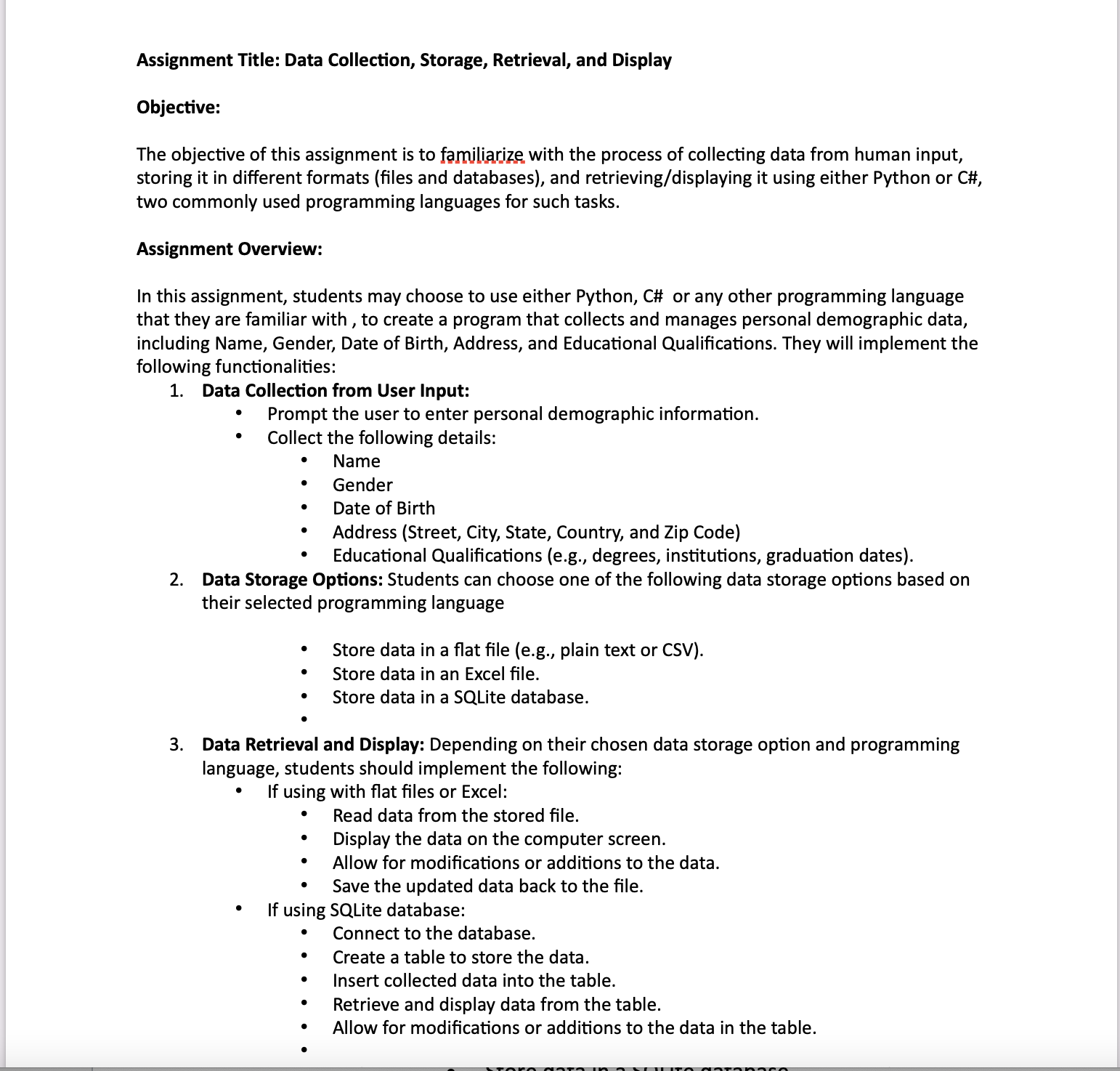 Solved 2. Data Storage Options: Students can choose one of | Chegg.com