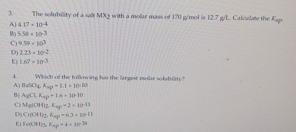 Solved 3 The Solubility Of A Salt Mx2 With A Molar Mass Chegg Com