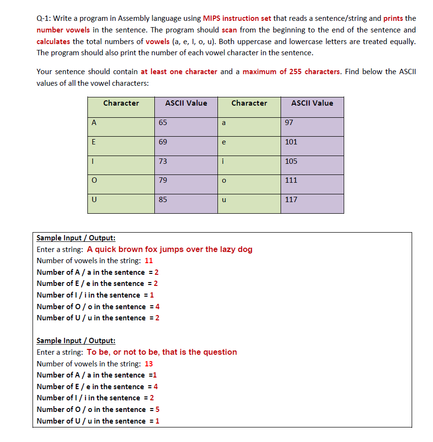 Q-1: Write a program in Assembly language using MIPS | Chegg.com